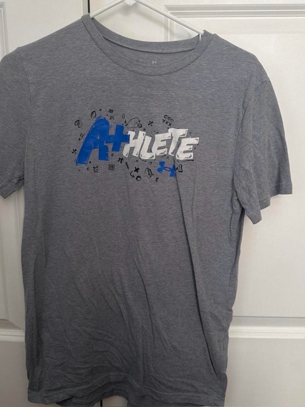 Under Armour Boys Heather Gray Graphic 'Athlete' Tee with Blue Accent